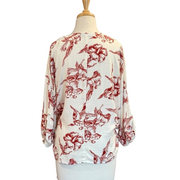 Zara Wrap Kimono Top Linen Blend Red White Toile Floral Print Puff Sleeve Large - Picture 5 of 12